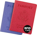 2 Pack Passport Holder For Women Kids, RFID Blocking Passport Wallet Red&Light purple