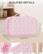 Relavel Cute Makeup Bag for Girls, Portable Pink Cosmetic Bag, Dual-layer Makeup Pouch with Brush Holder, Multi-Functional Preppy Toiletry Organizer for Travel, Daily Use - Pink Flower