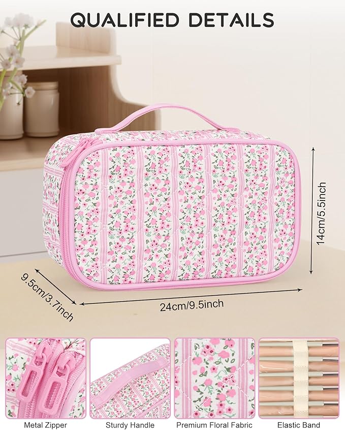 Relavel Cute Makeup Bag for Girls, Portable Pink Cosmetic Bag, Dual-layer Makeup Pouch with Brush Holder, Multi-Functional Preppy Toiletry Organizer for Travel, Daily Use - Pink Flower