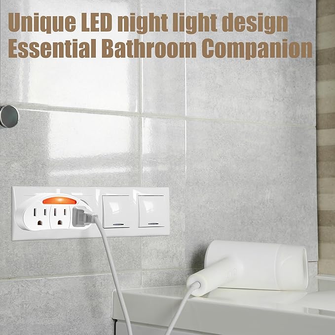 3-Prong 3-Outlet Plug Wall Mount Extender 2 Pack, 3-Prong to 3-Prong 3 Side Outlet Plug Splitter Converter, Multi Plug Outlet Spaced Adapter with Light-Sensing/Warm Night Light, ETL Listed, White