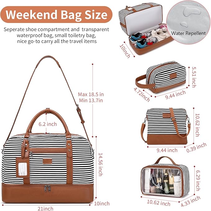 Wogarl 4PCS Weekender Bags for Women Large Overnight Weekend Travel Duffel Carry on Shoulder with Shoe Compartment Canvas Toiletry Bag for Travel Business Gym