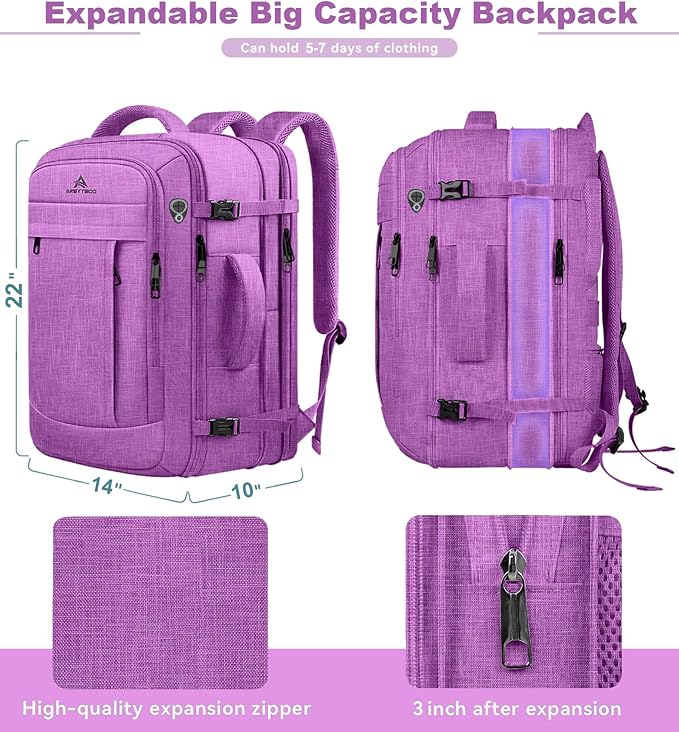 AREYTECO 60L Carry On Backpack, Extra Large Laptop Backpack, Big Capacity Travel Backpack for Women, Expandable Water Resistant Bag Anti-Theft Business Daypack Fit 18 Inch Laptop,Purple