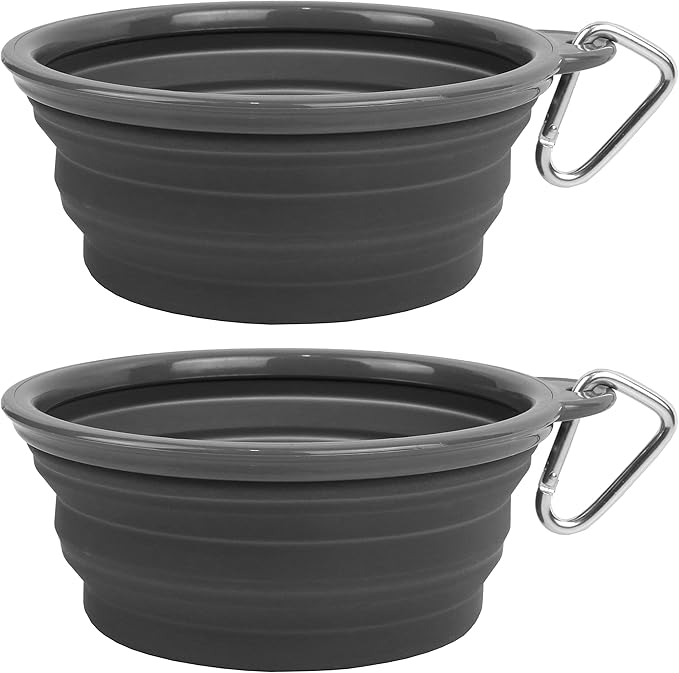 Collapsible Silicone Water Travel Bowl with Clip for Dog and Cat, Portable and Durable Pop-up Feeder for Convenient On-The-go Feeding – Size: Large (5 Cups) Grey – 2 Pack