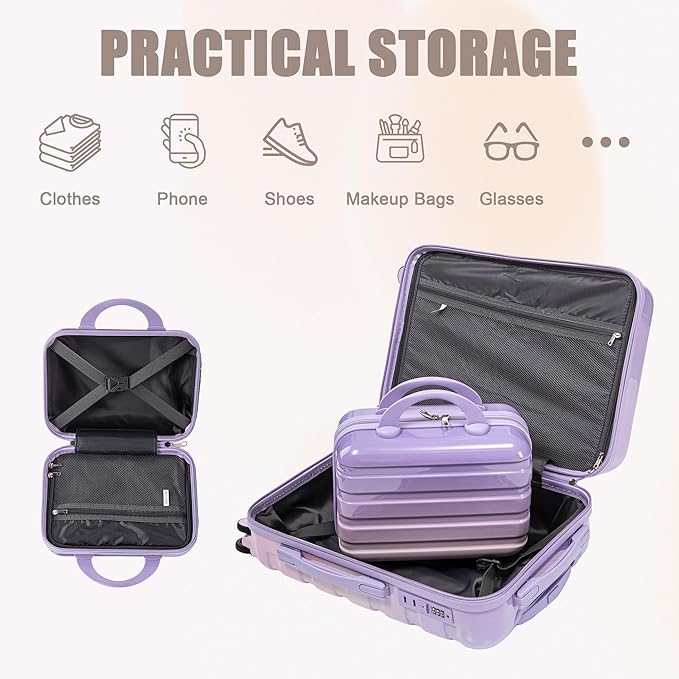 20 Inch Carry on Luggage with 14 Inch Cosmetic Case, 2 Pcs Hardshell Lightweight Durable Spinner Suitcase Set for Travel, Women, Men, TSA Lock, ABS, 20+14 Inch, Pink Purple