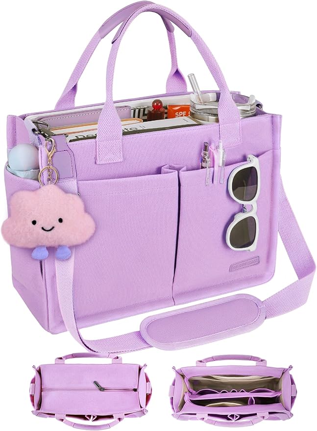 BESBESME Canvas Tote Bag for Women with Zipper & Compartments– Large Work & College Laptop Tote Crossbody Shoulder Bag