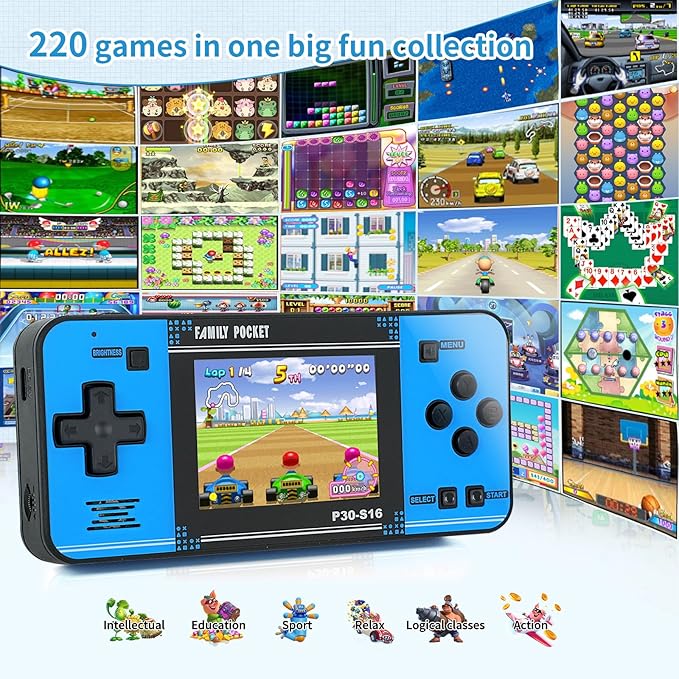 Handheld Game for Kids -Preloaded 220 Retro Video Games, Portable Gaming Player with Rechargeable Battery 3.0" LCD Screen, Mini Arcade Electronic Toy Gifts for Boys Girls (Black+Blue)