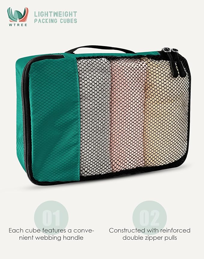 WTREE 4-Piece Packing Cubes Travel Accessories Set for Suitcases - Luggage Organizer Bags with Double Zipper - Mesh Top - Small - Green