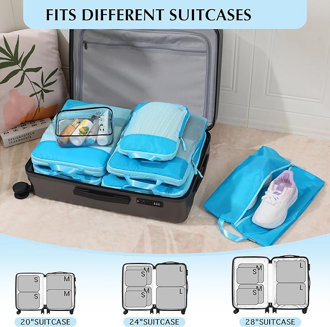 PFEYRPK Lightweight Compression Packing Cubes for Suitcases, Compressible Expandable Travel Packing Organizer with Clear Toiletries and Backpack Bag, Travel Essentials for Carry on Luggage 7 Set