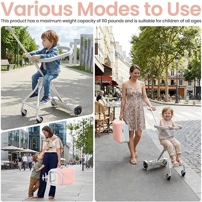 Kids Ride On Luggage with Seat, 20 inch Carry On Suitcase, 2-in-1 Children's Luggage with Spinner Wheels Detachable Seat and Safety Guardrail for Airplane & Travels