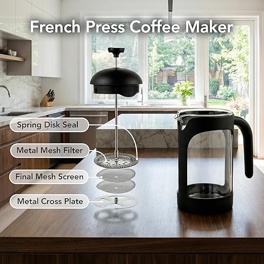 OVENTE French Press Coffee Maker 34 Ounce with Heat Resistant Borosilicate Glass & Stainless Steel 4-Level Filtration System, Portable Cold Brew Coffee Maker for Travel, Camping or Gift, Black FPB34B