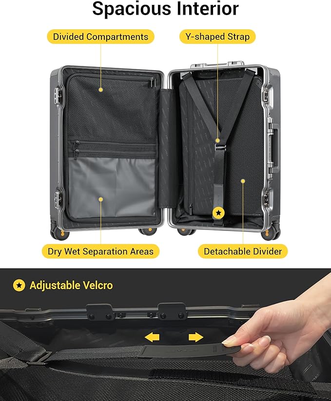 LEVEL8 Zipperless Carry On Luggage Airline Approved with Aluminum Frame, Hard Shell Suitcase with Spinner Wheels, Metal Checked Luggage, 20 Inch, Grey