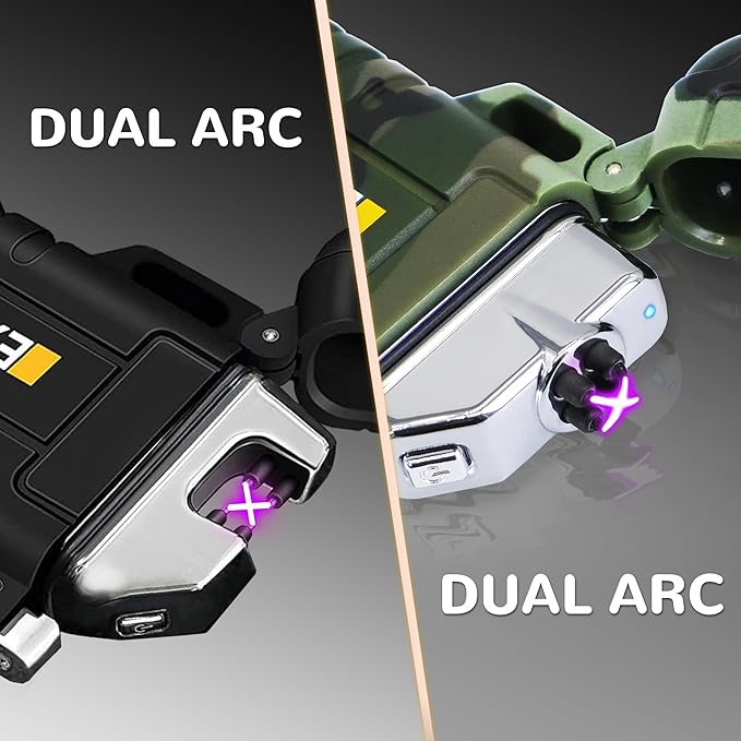 2 Pack Waterproof Lighter Outdoor Electric Lighters Dual Arc Windproof Lighters USB Rechargeable Flameless Plasma Lighter Camping Hiking Adventure Survival Tactical Gear