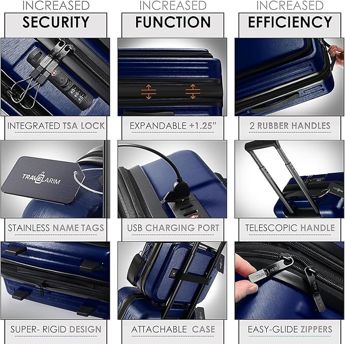 TRAVELARIM Navy Hardshell Luggage Sets 4 Piece, Durable Suitcase Set, Travel Luggage Set with Integrated TSA Lock, 360° Spinner Wheels, Expandable Medium and Large Checked Suitcase, 20/24/28 Inch