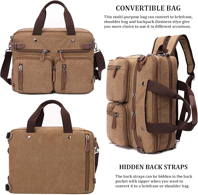 CROCOD 3 In 1 Canvas Convertible Laptop Bag for Men Women, 17.3 inch Laptop Messenger Bag Work Briefcase, Computer Shoulder Bag for Travel Business Office (17.3 Inch, Coffee) | 3 In 1, Multi-pocket