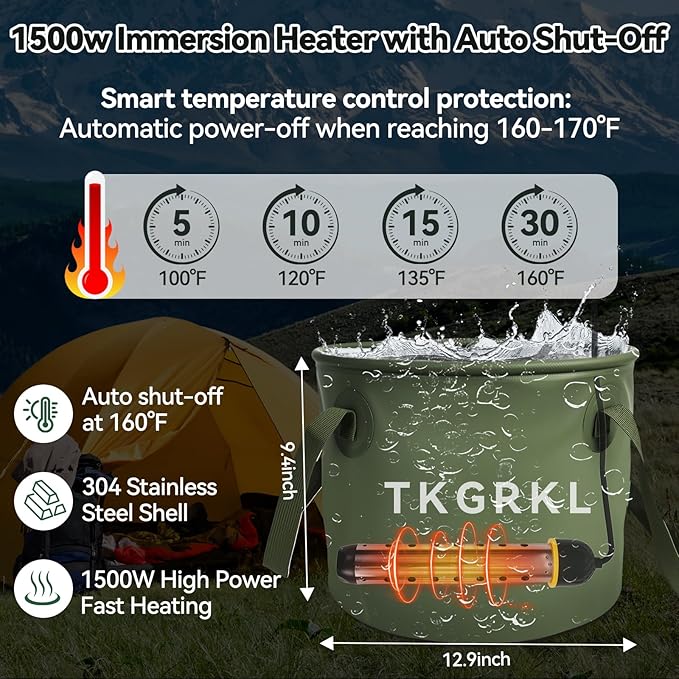 11PCS Portable Shower with Heater for Camping Shower Tent Set, 1500W Immersion Heater with Auto Shut-Off, 6000mAh Rechargeable Portable Shower with 5 Gallons Foldable Bucket, USB Solar Charging Panel