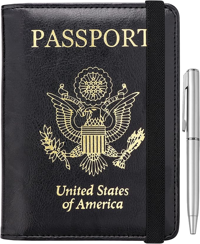 WALNEW Passport Holder for Travel, RFID Passport Cover Wallet for Women Men, PU Leather Passport Book Card Holder Case with Pen, Travelling Essentials for Flying
