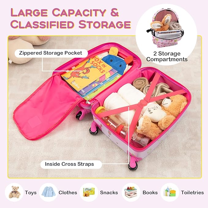 BABY JOY Kids Luggage, 5 Pieces Luggage Set w/ 16" Carry-on Hardshell Spinner Toddler Suitcase, 13" Backpack, Neck Pillow & Insulated Lunch Bag, Travel Kids Rolling Suitcase for Girls Boys (Pink Owl)