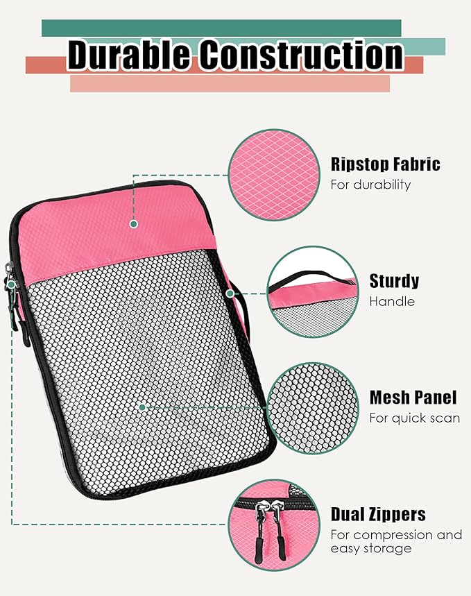 WTREE 4-Piece Packing Cubes Travel Accessories Set for Suitcases - Luggage Organizer Bags with Double Zipper - Mesh Top - Medium - Pink
