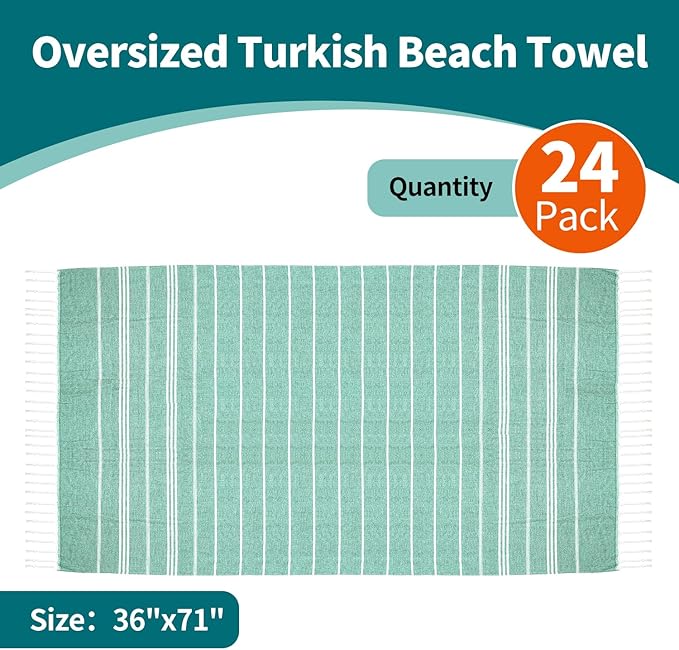 YSYJ 24 Pack Turkish Beach Towel 36"x71" Beach Towels Oversized Bath Towels Sand Free Quick Dry Turkish Towel Bulk Extra Large Pool Blanket Teal