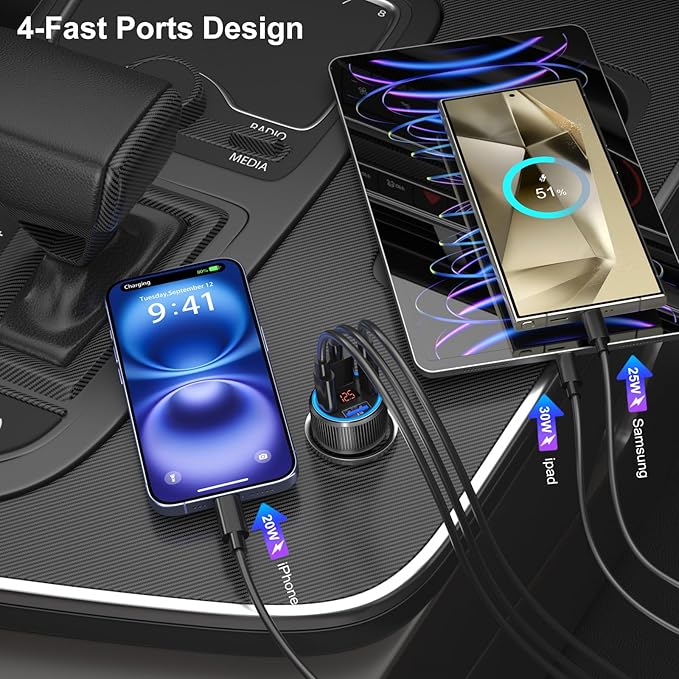 USB C Car Charger, Costyle 65W Dual USB-C & USB-A Multi Port Cigarette Lighter Adapter with Voltmeter QC/PD 3.0 Fast Charging 12V Car Phone Charger for iPhone 17 16 15 14 13 12 Pro Max Samsung(Black)