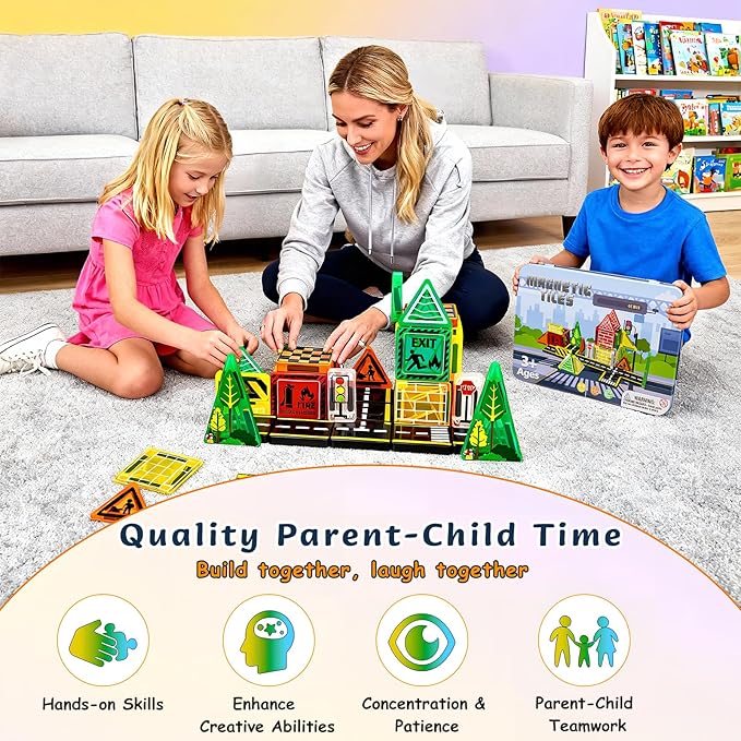 Magnetic Tiles,42PCS Magnetic Building Blocks with Metal Storage Box,Magnetic Tiles for Kids Ages 3+,Magnet Tiles for Boys & Girls (Road)