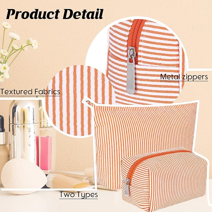 Huhumy 2 Pcs Makeup Bag Set Cute Cosmetic Pouch for Women Seersucker Travel Toiletry Bag Preppy Small Makeup Purse Pouch Aesthetic Skincare Brushes Storage Organizer for Valentine Women(Orange)