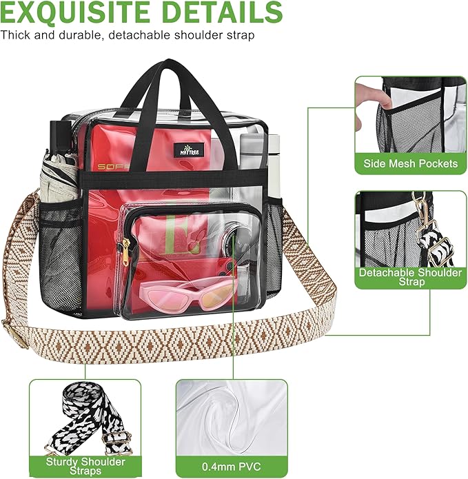 MAY TREE Clear Bag for Stadium Events, 12x6x17 Clear Tote Bag with Removable Strap, Transparent Bag for Concert Sports Gym, Beige Cube-Strap