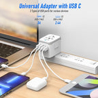 VYLEE Universal International Power Travel Plug Adapter, 5 in 1 European Travel Plug Adapter W/ 3.5A 2xUSB-A and 2xUSB C Wall Charger and Worldwide AC Outlet for Europe USA UK AUS Asia (White Grey)