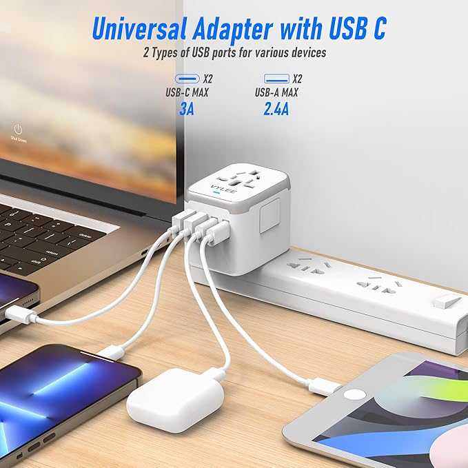 VYLEE Universal International Power Travel Plug Adapter, 5 in 1 European Travel Plug Adapter W/ 3.5A 2xUSB-A and 2xUSB C Wall Charger and Worldwide AC Outlet for Europe USA UK AUS Asia (White Grey)