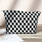 SOIDRAM 2 Pieces Makeup Bag Large Checkered Cosmetic Bag Capacity Canvas Travel Toiletry Bag Organizer Cute Makeup Brushes Aesthetic Accessories Storage Bag for Women, Checkered L Black Brown