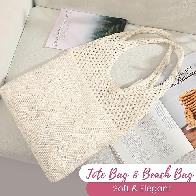 Pleneal Crochet Tote Bag, Mesh Beach Bag, Knitted Shoulder Beach Bags for Women Vacation Aesthetic Hobo Tote Bags