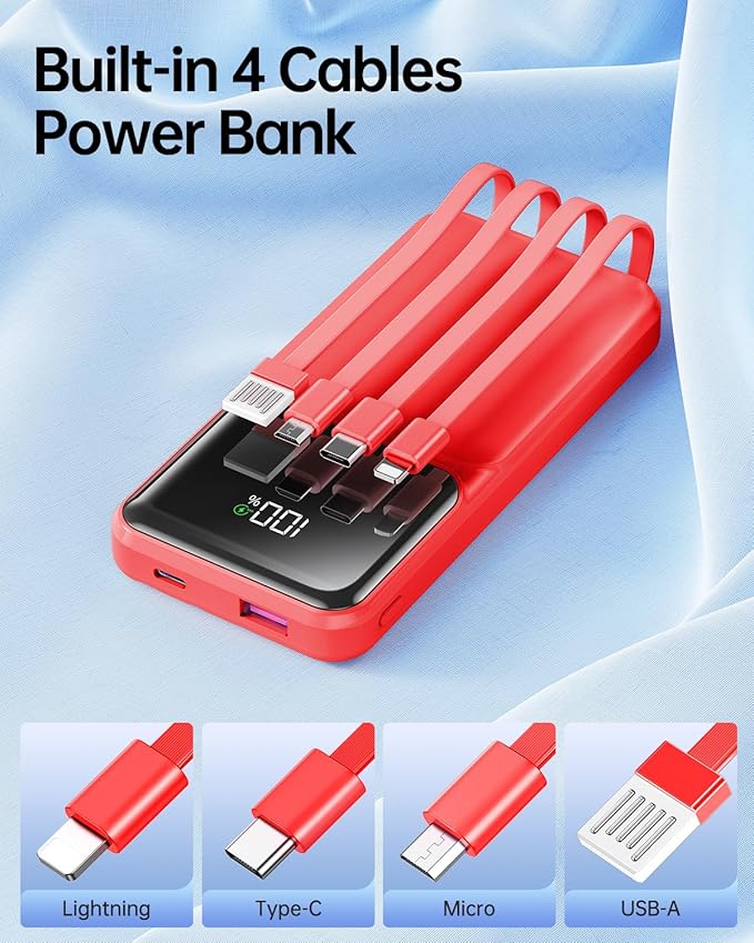 RONEGN Portable Charger with Built in Cable -20000mAh Fast Charging Power Bank USB C Slim 22.5W LED Display Battery Pack 5 Outputs & 3 Inputs for Travel Essentials iPhone Samsung Phones Red