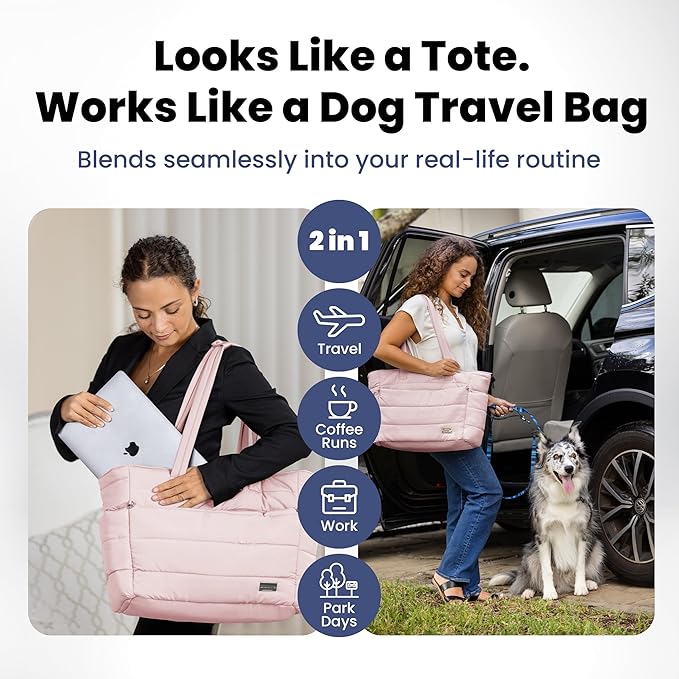 rubyloo Puffer Dog Travel Bag for Dog Moms – Doggy Diaper Bag with Pet Bowls & Food Storage or Everyday Puffy Tote – Doggy Mom Gifts for Women – Lightweight, Travel-Ready Gift for Pet Lovers - Pink