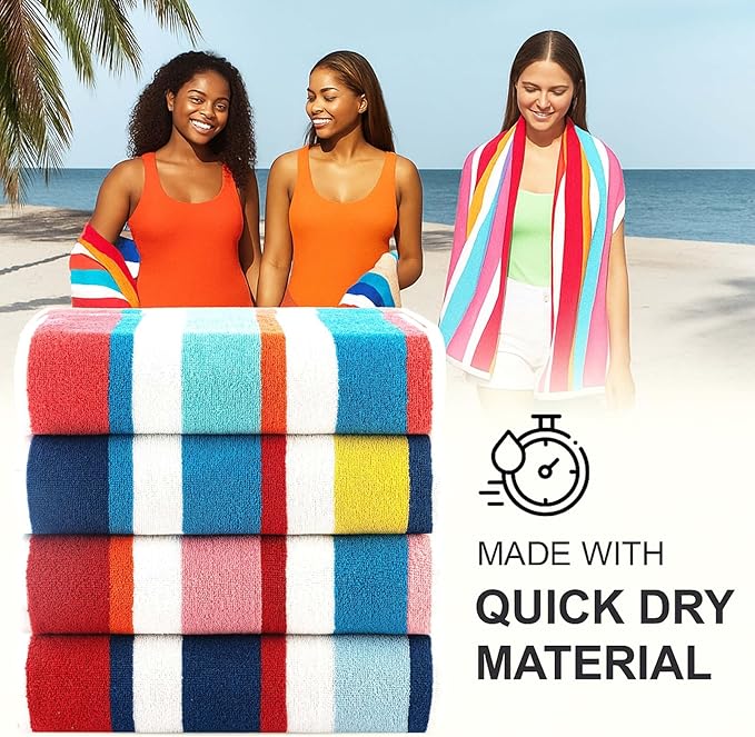 Casa Copenhagen Bora Bora Towels 4Pcs Teal, Pink, Red, Yellow Designer Stripe Beach Towels Gift Set, 30"x 60" Oversized 100% Cotton Pool Towels, Bath Towels for Beach (Summer Gift Set For Women & Men)