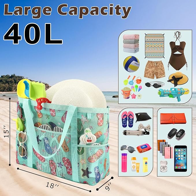 Fammart Mesh Beach Bag with Zipper, Large Beach Tote for Women, Toys Pool Swim Bag Travel Vacation Cruise Essentials