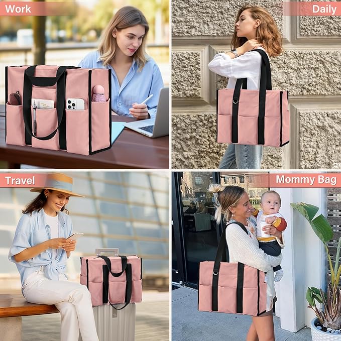 Becokan Large Tote Bag for Women Waterproof with 12 Pockets Top Zipper Closure Utility Teacher Nurse Bags for Work School