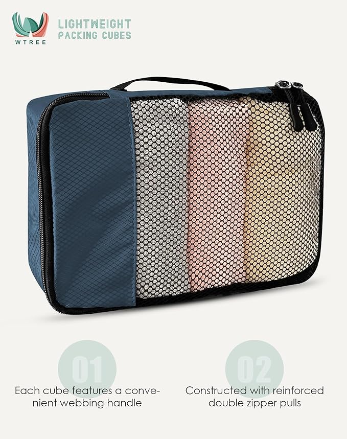 WTREE 4-Piece Packing Cubes Travel Accessories Set for Suitcases - Luggage Organizer Bags with Double Zipper - Mesh Top - Small/Medium/Large/Slim - Dark Blue