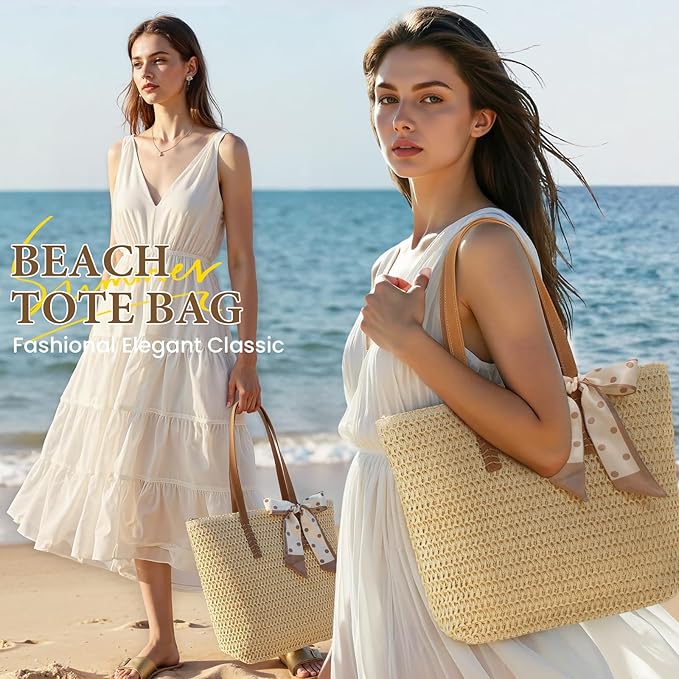 Trifabricy Beach Bags for Women, Large Straw Beach Bag, Beach Tote Bag Shoulder Handbags, Straw Bag Beach Purse for Summer