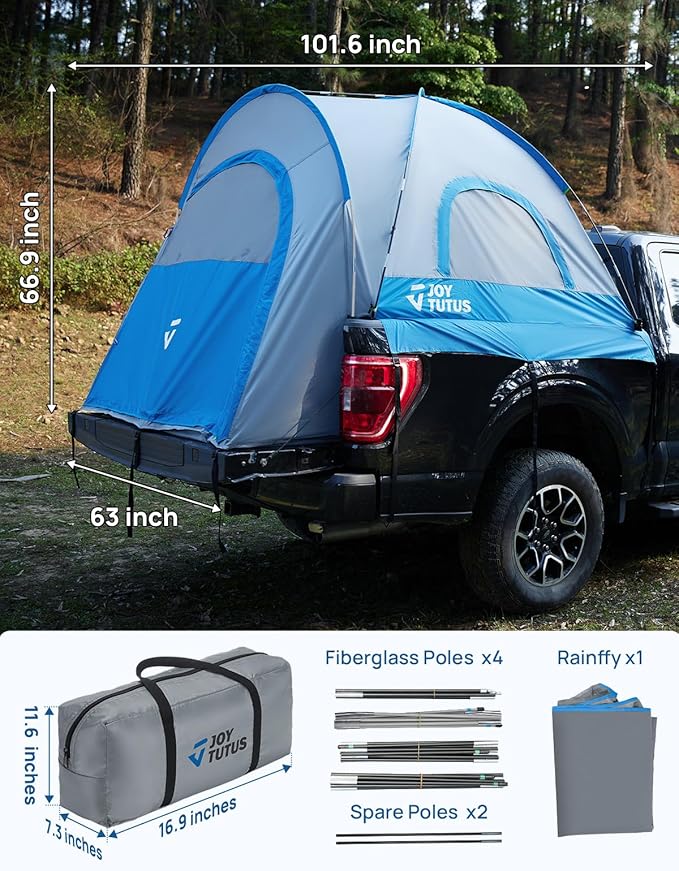 JOYTUTUS Truck Tent, Portable Truck Bed Tent with Rainfly, Truck Tent for 6.5' with Fiberglass Pole, Waterproof PU2000mm Double Layer for 2 Person - Blue