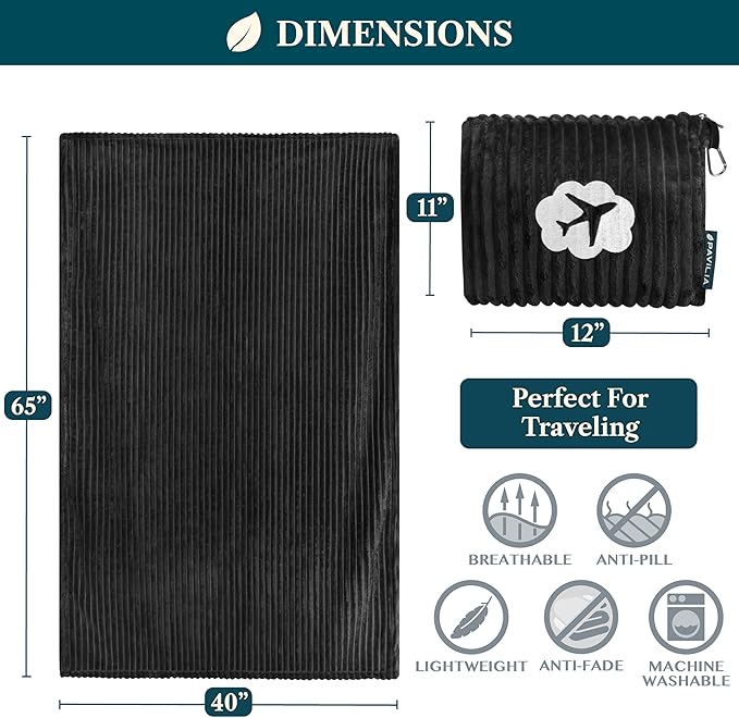 PAVILIA Travel Blanket Pillow, Airplane Blanket Set in Soft Bag with Pockets, Plane Blanket Compact Packable, Flight Essentials Car Pillow, Travelers Accessories Gifts, Luggage Strap, Black
