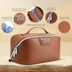 BOYATU Travel Makeup Bag Cosmetic Bags for Women: Large Capacity 3 Pcs Set Make up Bag with Compartments - Waterproof Vegan Leather Toiletry Organizer Bags with Handle (L25Brown)