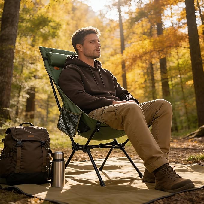 TOBTOS Portable High Back Camping Chair, Support 440 lbs, Ultralight Folding Chair with Head Support, Compact Backpacking Chair for Outdoor Camp Backpacking Fishing (Green)