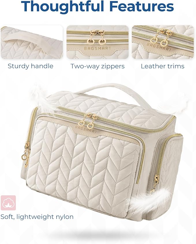 BAGSMART Travel Toiletry Bag, Large Wide-open Travel Bag for Toiletries, Makeup Cosmetic Travel Bag with Handle-Beige