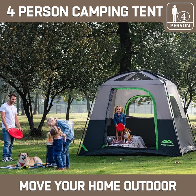 Happy Travel Tent 4 Person Tents for Camping, Waterproof Easy Setup Camping Tent with Top Rainfly, Portable Tall Cabin Tent with 4 Mesh Windows and Carry Bag for Outdoor Camping & Hiking