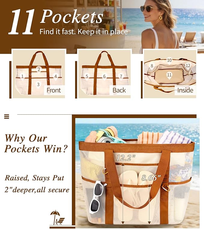 2026 Stylish & Spacious XX-Large Beach Bag for Women – Mesh × Canvas Tote with Top Zipper, 11 Tall Pockets | 40L+ Spacious, 11 Tall Pockets, Zipper Pouch, Secure Zip-Top, Sand-Resistant Base