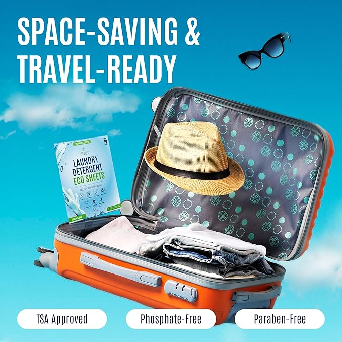 Eco-Friendly Travel Size Laundry Detergent Sheets - 10 Loads Ultra Concentrated, Stain-Fighting Enzymes & Plant Powered, Compact Washer Sheets, Pocket Friendly, Hot/Cold Cycles, Tough on Stains & Odor