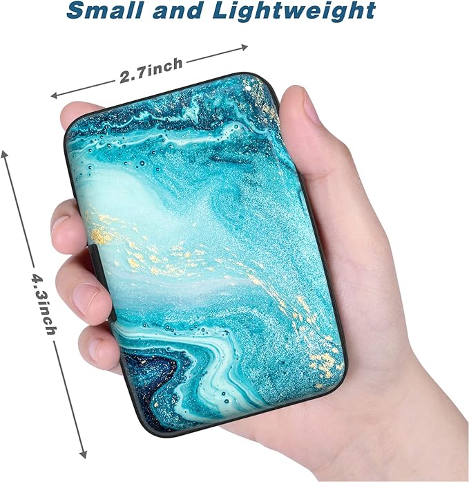 Credit Card Holder, Mini Aluminum Card Wallet RFID Blocking Slim Metal Hard Card Case for Women Men, Blue Ocean Marble