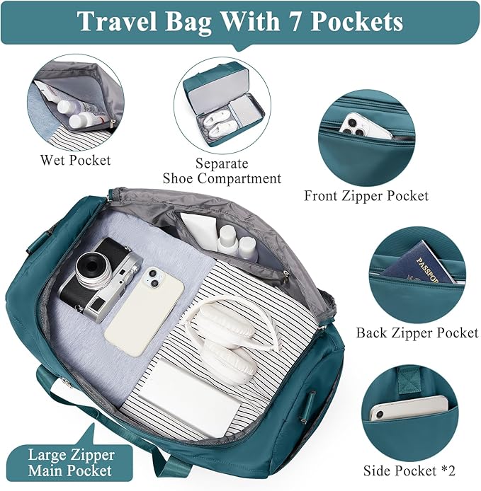 Extra Large Travel Duffle Bag,Carry on Overnight Weekend Bag with Shoes Compartment,Weekender Bags for Women for Travel Business Trips Sport Hospital,3 Pcs Set,Peacock Blue