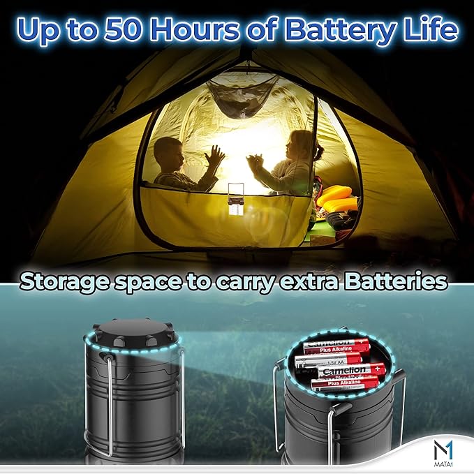 Mata1-USA LED Camping Lantern (Black), Emergency Light for Power Outages, Long-Lasting Battery-Powered Light w/ 3 Adjustable Brightness Levels, Collapsible Lamp for Indoor & Outdoor Use