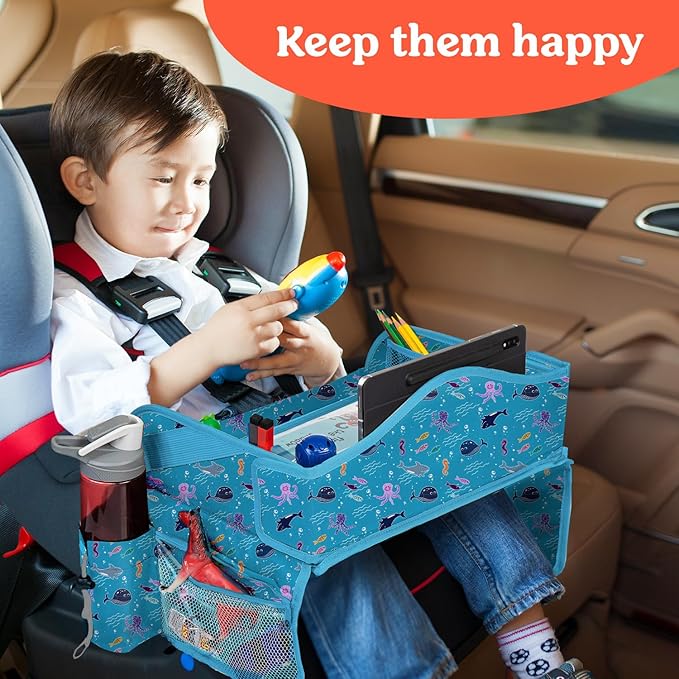 PILLANI Kids Travel Tray for Car - Road Trip Activities for Kids - Car Seat Tray for Kids Travel w/ Activity Sheets, Pens & Dry Erase Board - Toddler Road Trip Essentials & Car Accessories for Kids